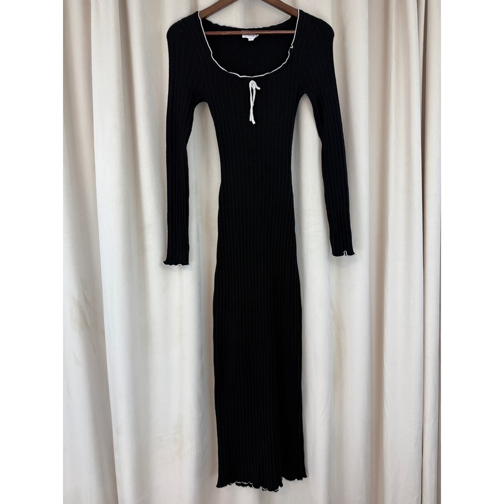 Olive & Oak Black Ribbed Bodycon Midi Dress Lettuce Edging Long Sleeve Size M